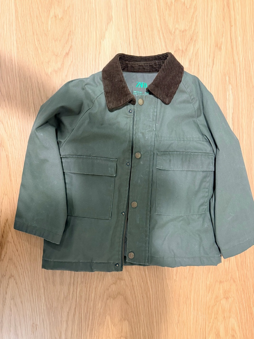 ZARA Kids Olive Green Cotton Jacket with Brown Corduroy Collar